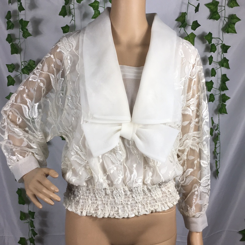 Vintage Cream Lace Blouse with Bow